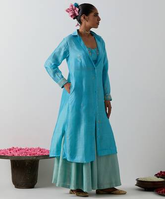 Blue plain chanderi co ord set 3