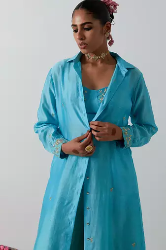 Blue plain chanderi co ord set