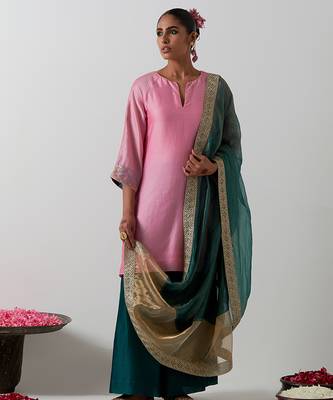 Pink plain chanderi kurta set 1