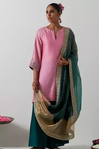 Pink plain chanderi kurta set
