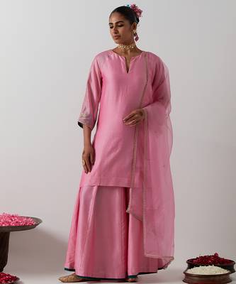 Pink plain chanderi kurta set 1