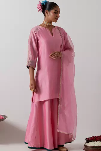 Pink plain chanderi kurta set