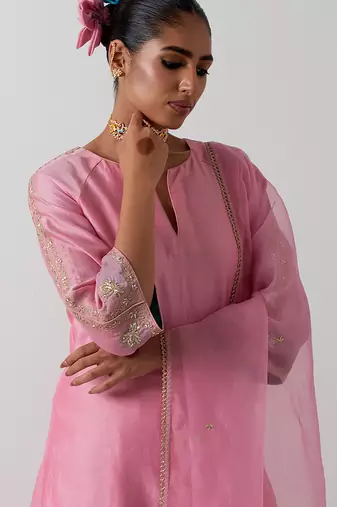 Pink plain chanderi kurta set