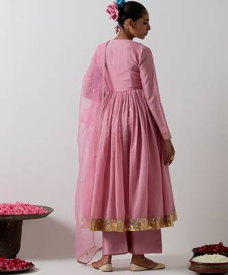 Pink plain chanderi anarkali set 2