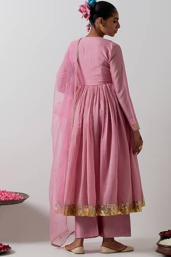 Pink plain chanderi anarkali set