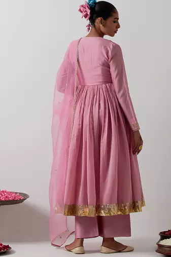 Pink plain chanderi anarkali set