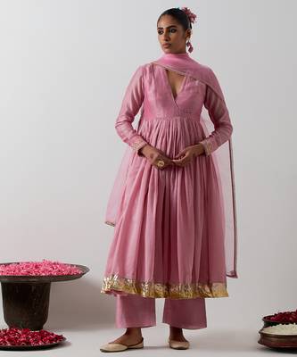 Pink plain chanderi anarkali set 1