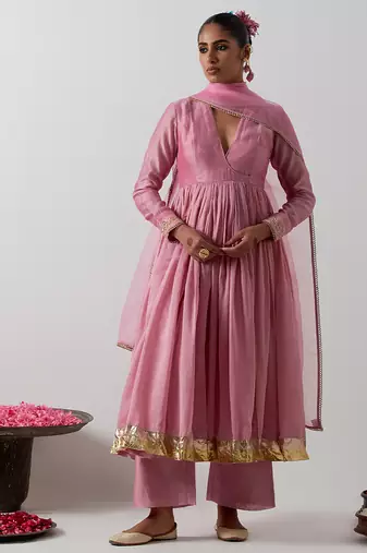 Pink plain chanderi anarkali set