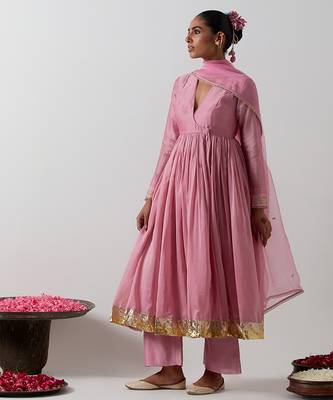 Pink plain chanderi anarkali set 3