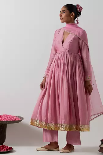 Pink plain chanderi anarkali set
