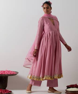 Pink plain chanderi anarkali set 4