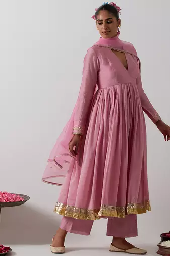 Pink plain chanderi anarkali set