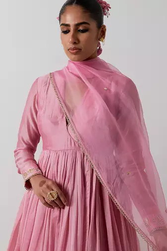Pink plain chanderi anarkali set