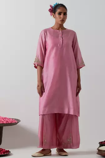Pink plain chanderi kurta set