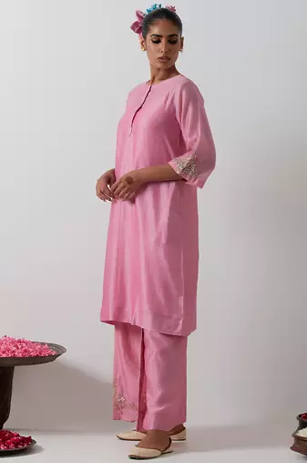 Pink plain chanderi kurta set