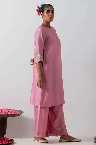 Pink plain chanderi kurta set