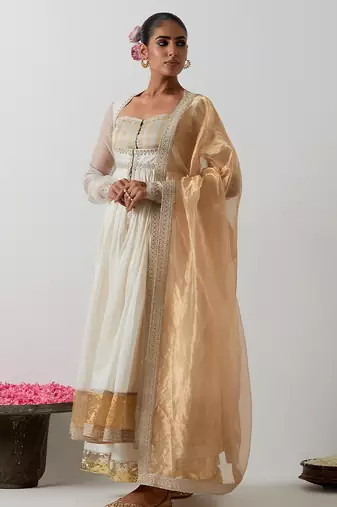 White plain chanderi anarkali set