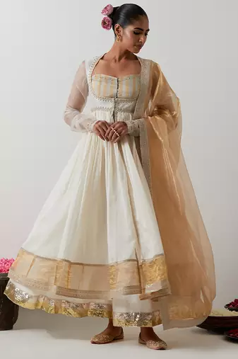 White plain chanderi anarkali set