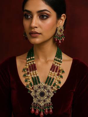 Traditional kundan beaded necklace set with ruby and emerald green beads 1
