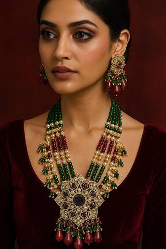 Traditional kundan beaded necklace set with ruby and emerald green beads