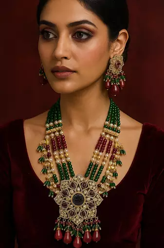 Traditional kundan beaded necklace set with ruby and emerald green beads