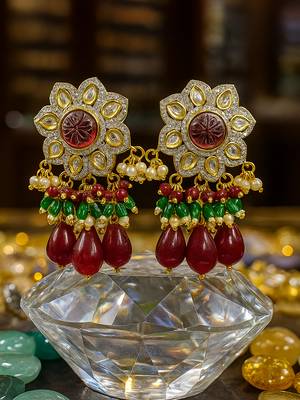 Traditional kundan beaded necklace set with ruby and emerald green beads 2
