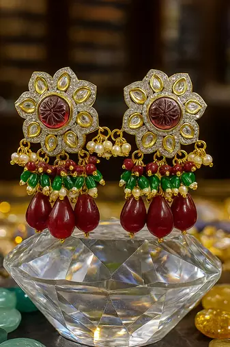 Traditional kundan beaded necklace set with ruby and emerald green beads