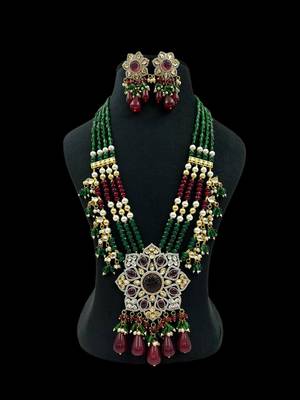 Traditional kundan beaded necklace set with ruby and emerald green beads 3