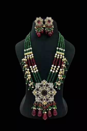 Traditional kundan beaded necklace set with ruby and emerald green beads