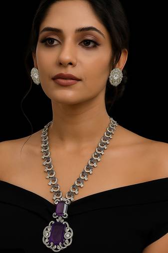 Elegant silver-plated necklace set with purple stone and matching earrings