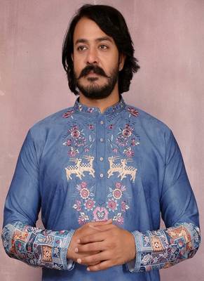 Blue cotton mens kurta with embroidery print indian 2