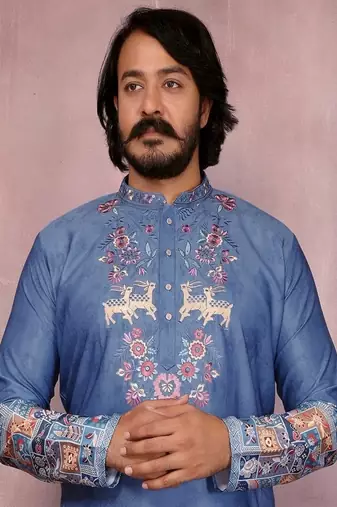 Blue cotton mens kurta with embroidery print indian