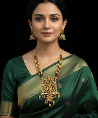 Antique gold krishna temple long haram necklace set with multicolor jhumkas 1