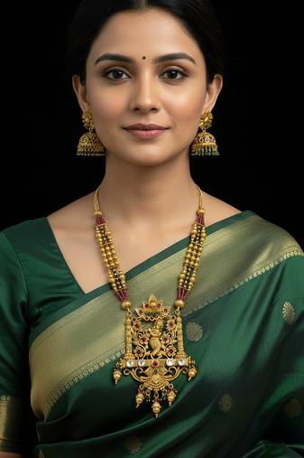 Antique gold krishna temple long haram necklace set with multicolor jhumkas