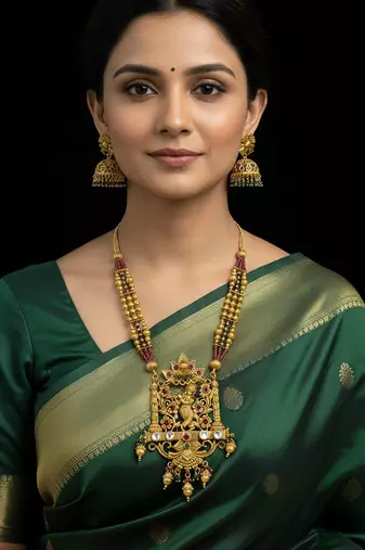 Antique gold krishna temple long haram necklace set with multicolor jhumkas