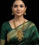 Antique gold krishna temple long haram necklace set with multicolor jhumkas