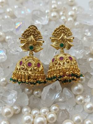Antique gold krishna temple long haram necklace set with multicolor jhumkas 2