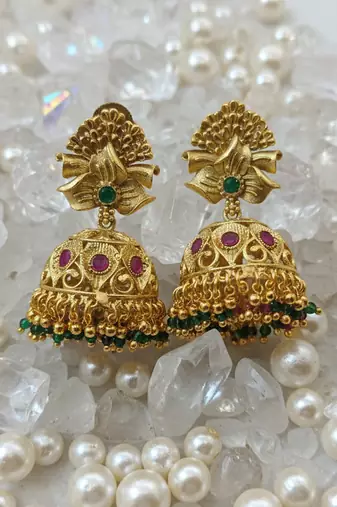 Antique gold krishna temple long haram necklace set with multicolor jhumkas