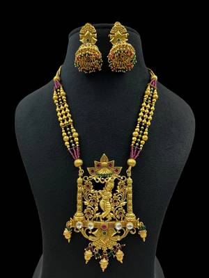 Antique gold krishna temple long haram necklace set with multicolor jhumkas 3