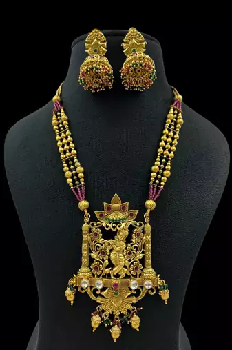 Antique gold krishna temple long haram necklace set with multicolor jhumkas