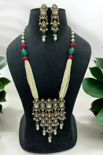 Traditional green & red beaded kundan jewelry set