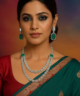 Luxury silver-plated emerald green stone necklace set with earrings 1