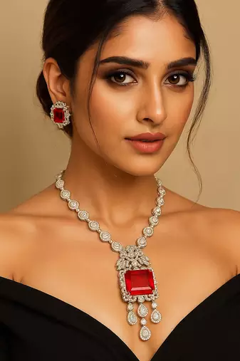 Queen   s charm red stone diamond necklace set