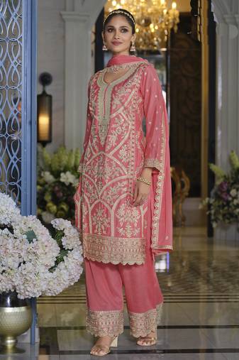 Peach chinon silk embroidered designer plazzo suit