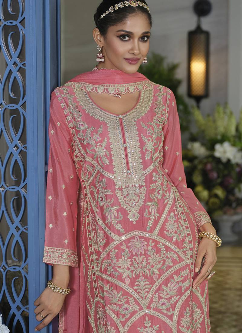 Peach chinon silk embroidered designer plazzo suit