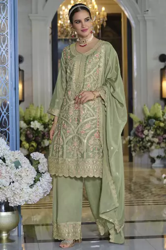 Parrot green chinon silk embroidered designer plazzo suit