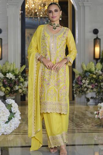 Yellow chinon silk embroidered designer plazzo suit