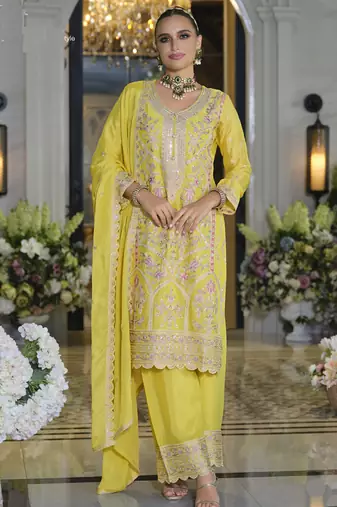 Yellow chinon silk embroidered designer Palazzo suit