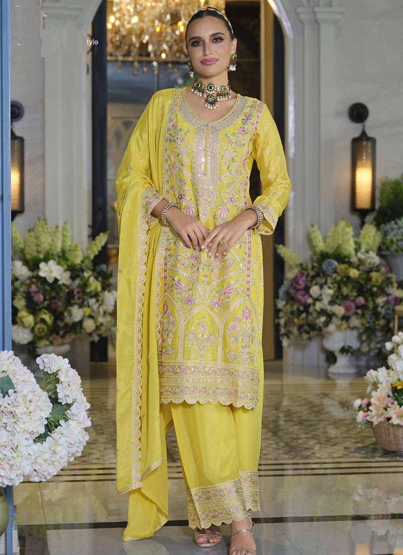 Yellow chinon silk embroidered designer plazzo suit