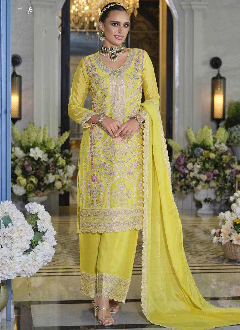 Yellow chinon silk embroidered designer plazzo suit
